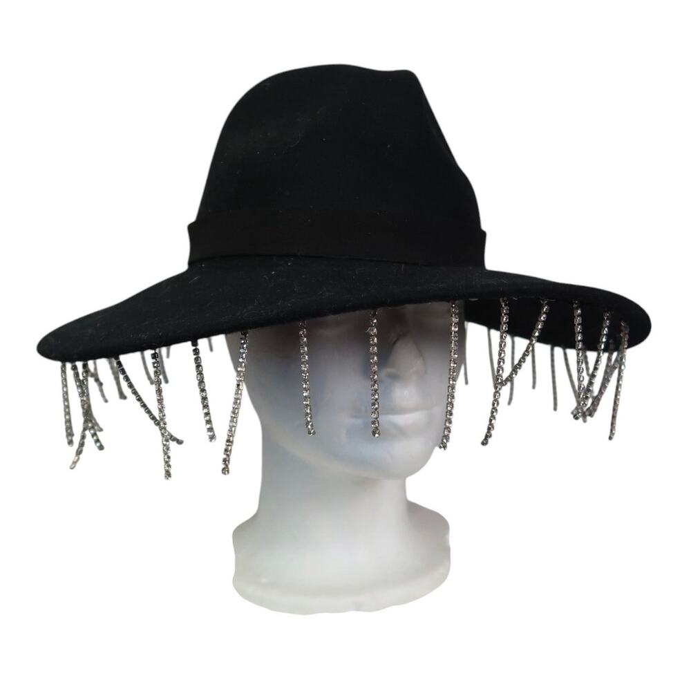 Free People Black Wool Rhinestone Fringe Western Cowboy Fedora Hat